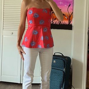 J Crew Coral/Pink Sleeveless Top with Blue Flowers